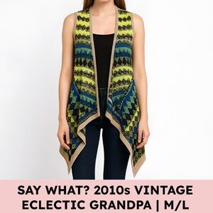 Say What? 2010s Vintage Knit Sweater Vest Neon Geometric Eclectic Grandpa M